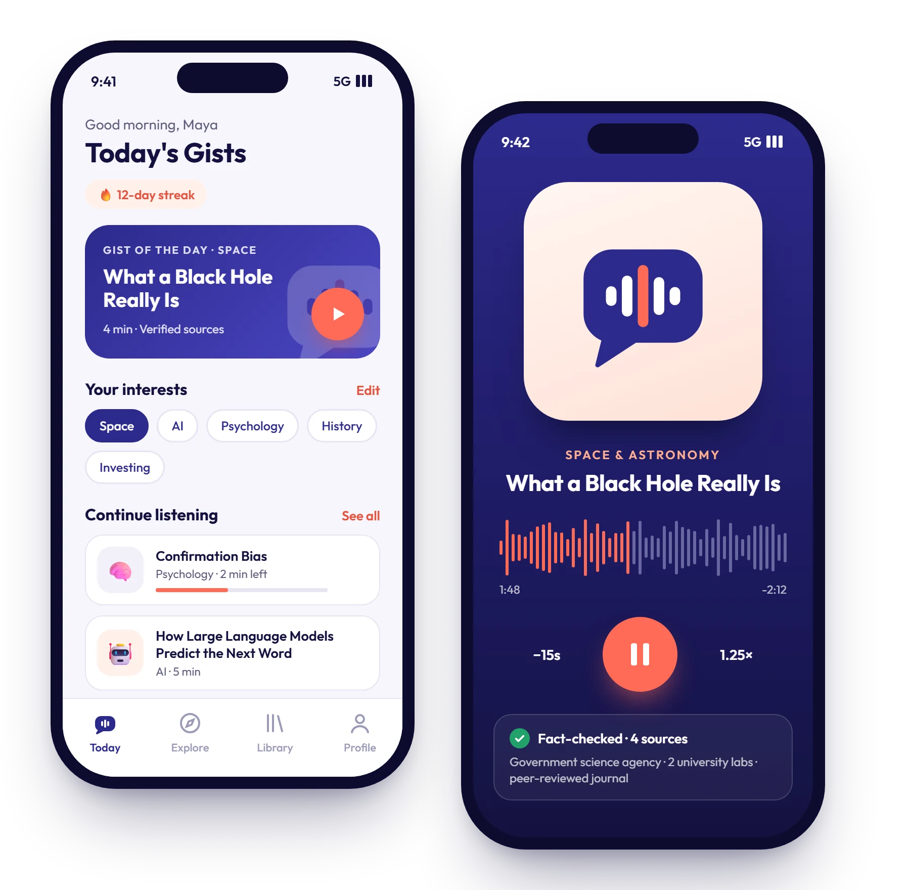 The GistWise app: today's Gists on the home screen, and the audio player with a fact-checked lesson